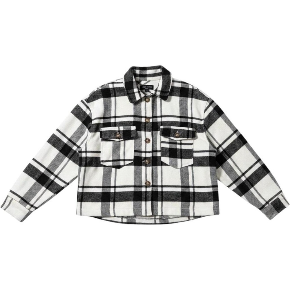 Love Tree Womens Cropped Plaid Shacket Jacket Black‎ White Medium RN 158030